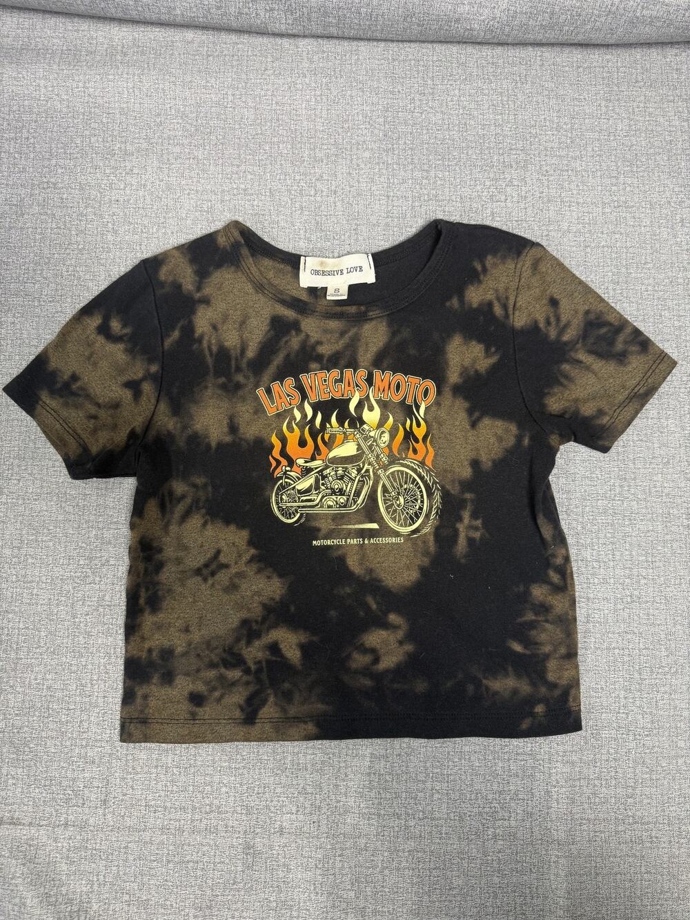 Obsessive Love Las Vegas Moto Bleach Tie Dye Baby Tee Womens S Crop Biker Y2K